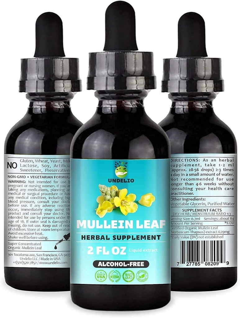 Undelio의 초본 Mullein 잎 추출물 - 호흡, Lung, 수면 및 소화 지원을위한 유기 및 알코올 프리 태피스 - 비 GMO, Vegan - 2 fl. 면역 건강 및 폐 해독을위한 Oz