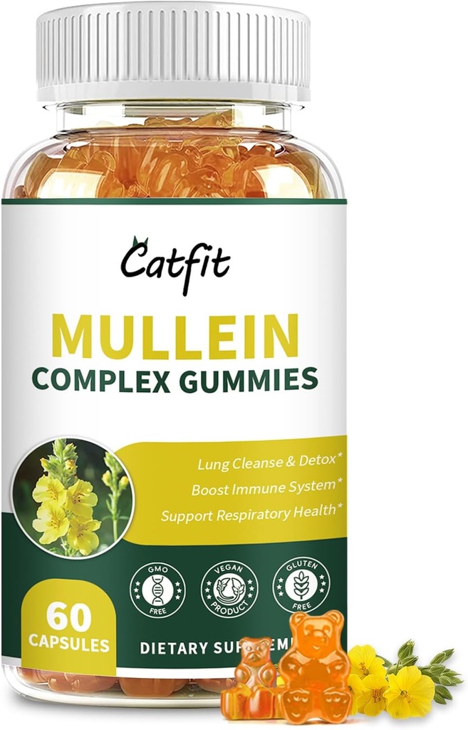 Lungs에 대한 Catfit Mullein Gummies – Quercetin과 Mullein 잎 추출물, 호흡 및 면역 지원을위한 Elderberry, Lung Health & Breathing, Vegan, 파인애플 맛, 60 Gummies