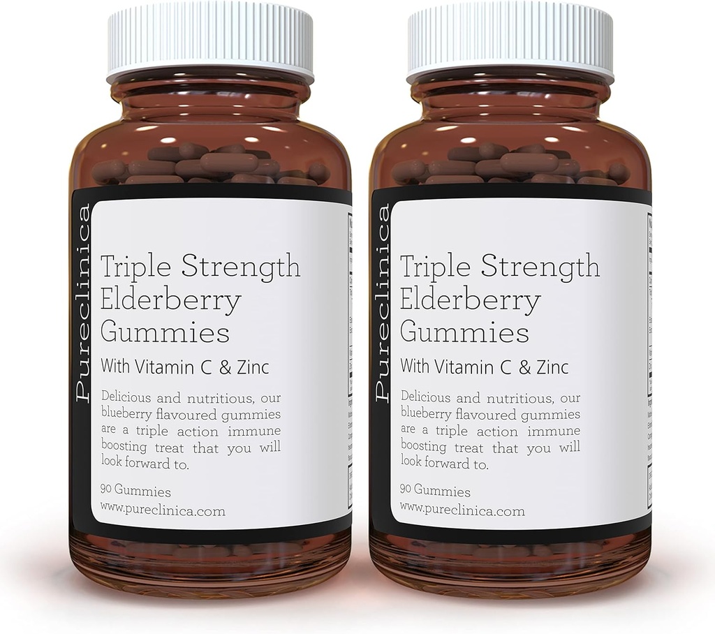 Pureclinica Triple Strength Immune Support - 비타민 C 및 아연 X 180 Gummies (2 병 90) - 최대 6 개월 공급!