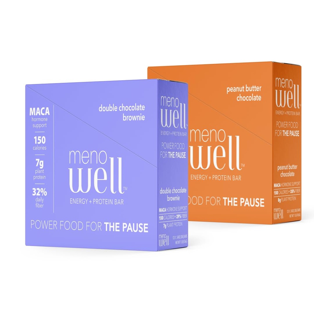 MenoWell Menopause Energy and Protein Bar for Women (구형 Bossa Bar), 더블 초콜릿 브라운 (10 개) 및 땅콩 버터 초콜릿 (10 개), 높은 섬유 및 단백질, 20 개 (1 개 상자)