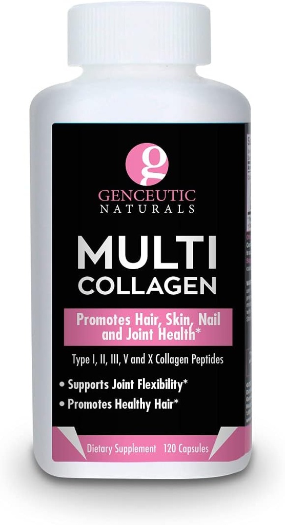 Genceutic Naturals Multi Collagen 캡슐 유형 I, II, III, V & X - 120 Veg Caps - 건강한 머리 피부, 손톱 1500mg 비 GMO, Pasture-Raised, 케이지 무료 및 Cruelty 무료 소스