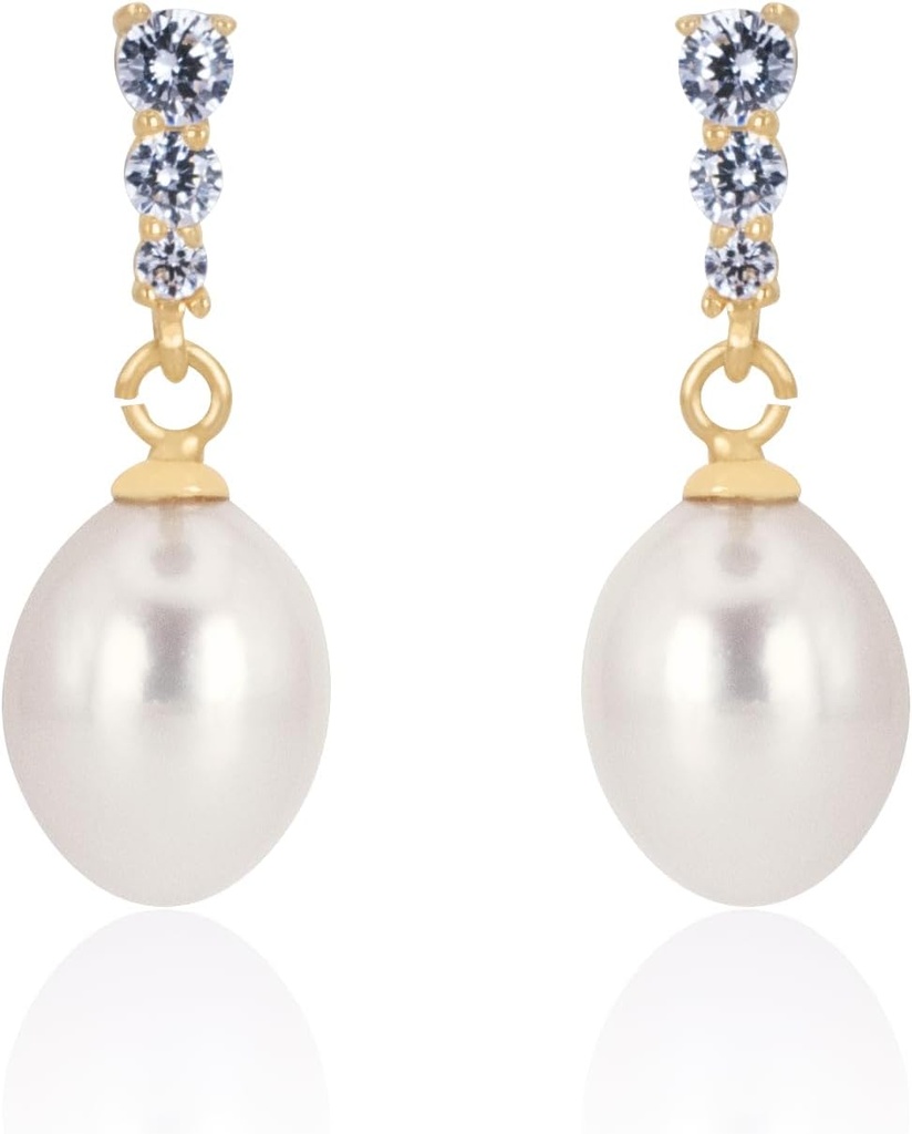 18K 골드 도금 스털링 실버 앵글 화이트 드롭 Handpicked Quality Freshwater Cultured Pearl Wedding Earrings with Cubic Zirconia Crystals Pearl 신부 귀걸이 보석