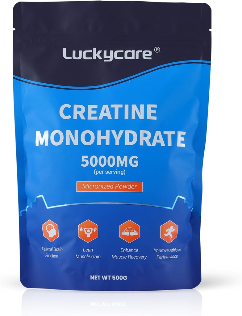 Luckycare 크레아틴 Monohydrate - 5000 mg 순수한 Micronized 크레아틴 - 힘 & 성과를 위한 크레아틴 분말 지원 - 100개의 서빙, 500G