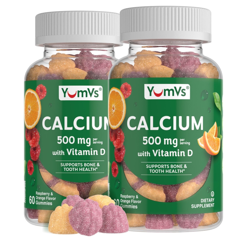 비타민 D3를 가진 YumVs 칼슘 500mg - 라즈베리 & 오렌지 풍미 칼슘 비타민 D Gummies, 아이 & 성인, 비타민 D 칼슘 Gummies를 위한 Chewable 칼슘 보충교재 (60의 조사 2))
