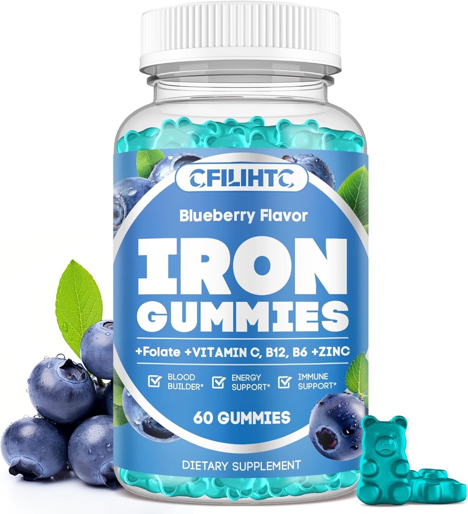여성 및 남성을위한 철 Gummies - 비타민 B6, B12, C, 아연, 성인 및 어린이 용 Folate - 지원 Iron Deficiency, Anemia, Energy Boost, Blood Builder - Sugar Free Vegan 60ct Blueberry