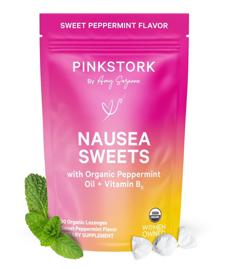핑크 Stork 유기 후추민트는 아침 시편과 운동 시편 지원, 추가 비타민 B6, 1st Trimester 임신해야 - 30 포장 된 Peppermint 캔디