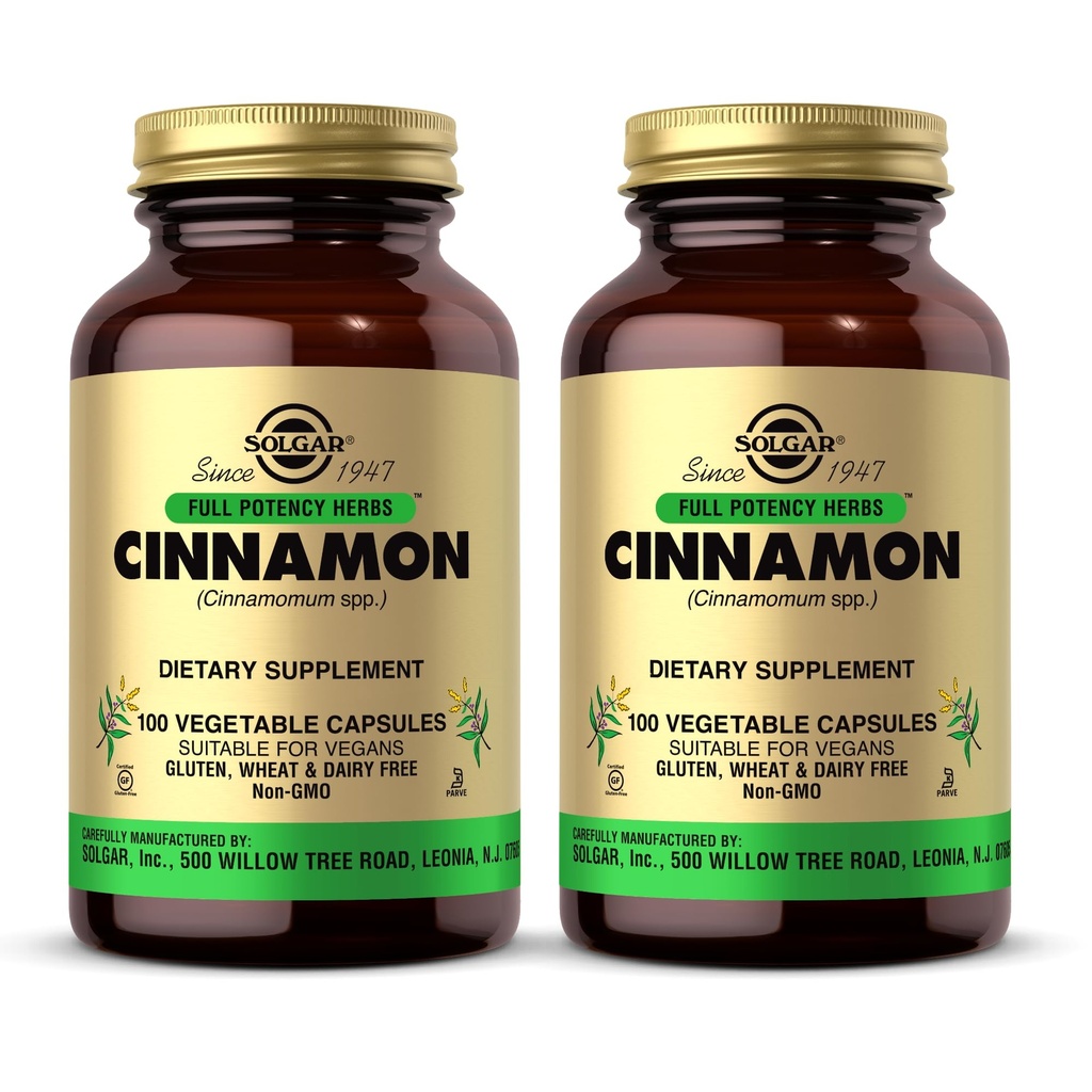 Solgar Cinnamon - 100 야채 캡슐, 2 팩 - 전체 Potency (FP) - 비 GMO, Vegan, 글루텐 무료, Dairy 무료, Kosher - 200 총 서빙