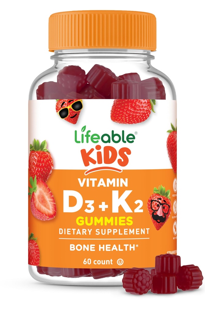 Lifeable Kids Vitamin D3 K2 Gummies | 1000iu D3 및 K2 100mcg | Bone Health and Immunity | VIT D3 K2 for Kids | 60 구미