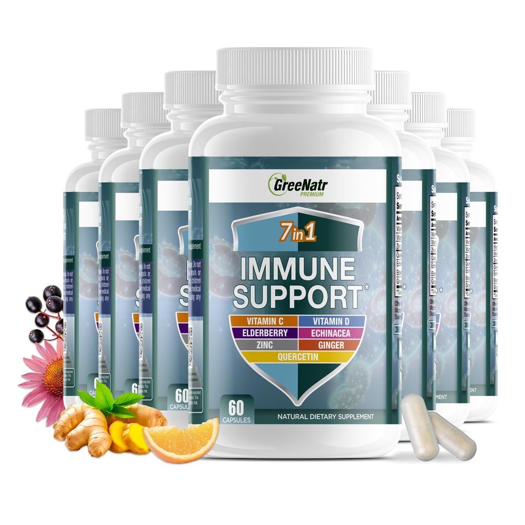 GreeNatr 7 in 1 Immune 지원 보충교재 비타민 C, 비타민 D3, 아연 50mg, Quercetin, Echinacea Purpurea, Sambucus Elderberry 및 Ginger를 위한 보충 - 60의 캡슐 (12의 병)