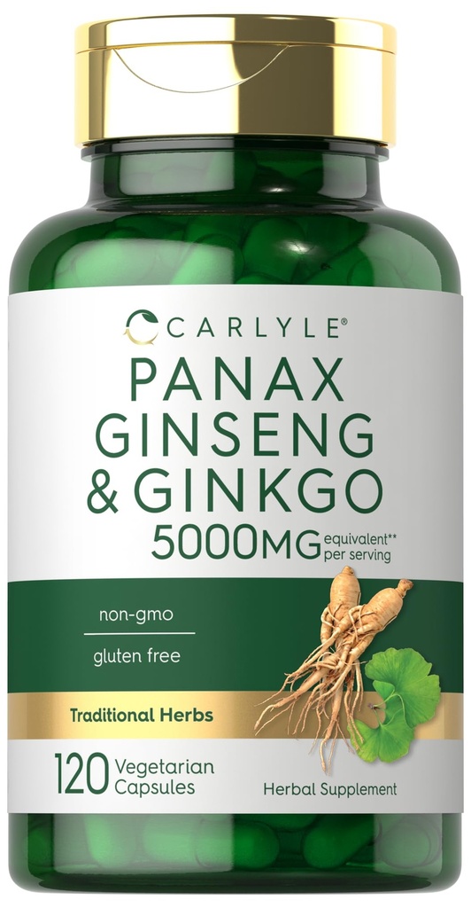Carlyle Panax Ginseng & Ginkgo 5000mg | 120 채식 캡슐 | 비 GMO 및 글루텐 무료 보충