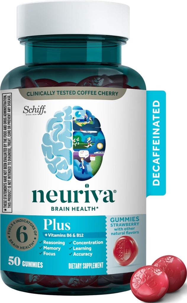 NEURIVA Plus Brain Supplement for Memory,Focus & Concentration+Cognitive Function with Vitamin B6 & B12 and Clinically Tested Nootropics Phosphatidylserine and Neurofactor,50ct Strawberry Gummies