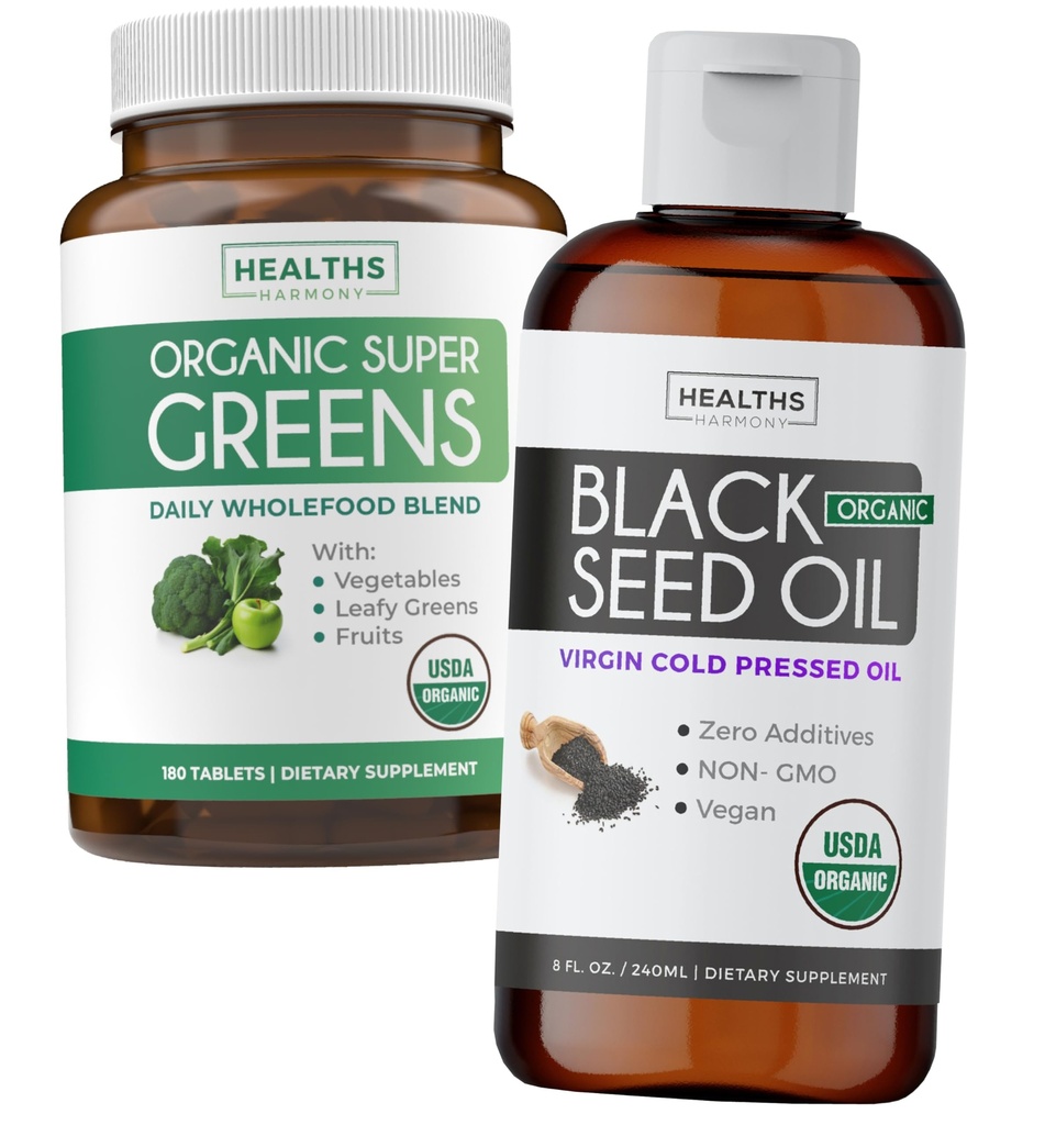 Super Greens & Black Seed Oil (3 개월 공급) 유기농 슈퍼 그린 분말의 허브 오일 혼합 번들 - Superfood (180 캡슐) & Organic Black Seed Oil Liquid - Cold pressed (8 fl oz)