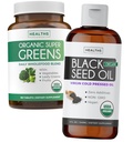 Super Greens & Black Seed Oil (3 개월 공급) 유기농 슈퍼 그린 분말의 허브 오일 혼합 번들 - Superfood (180 캡슐) & Organic Black Seed Oil Liquid - Cold pressed (8 fl oz)