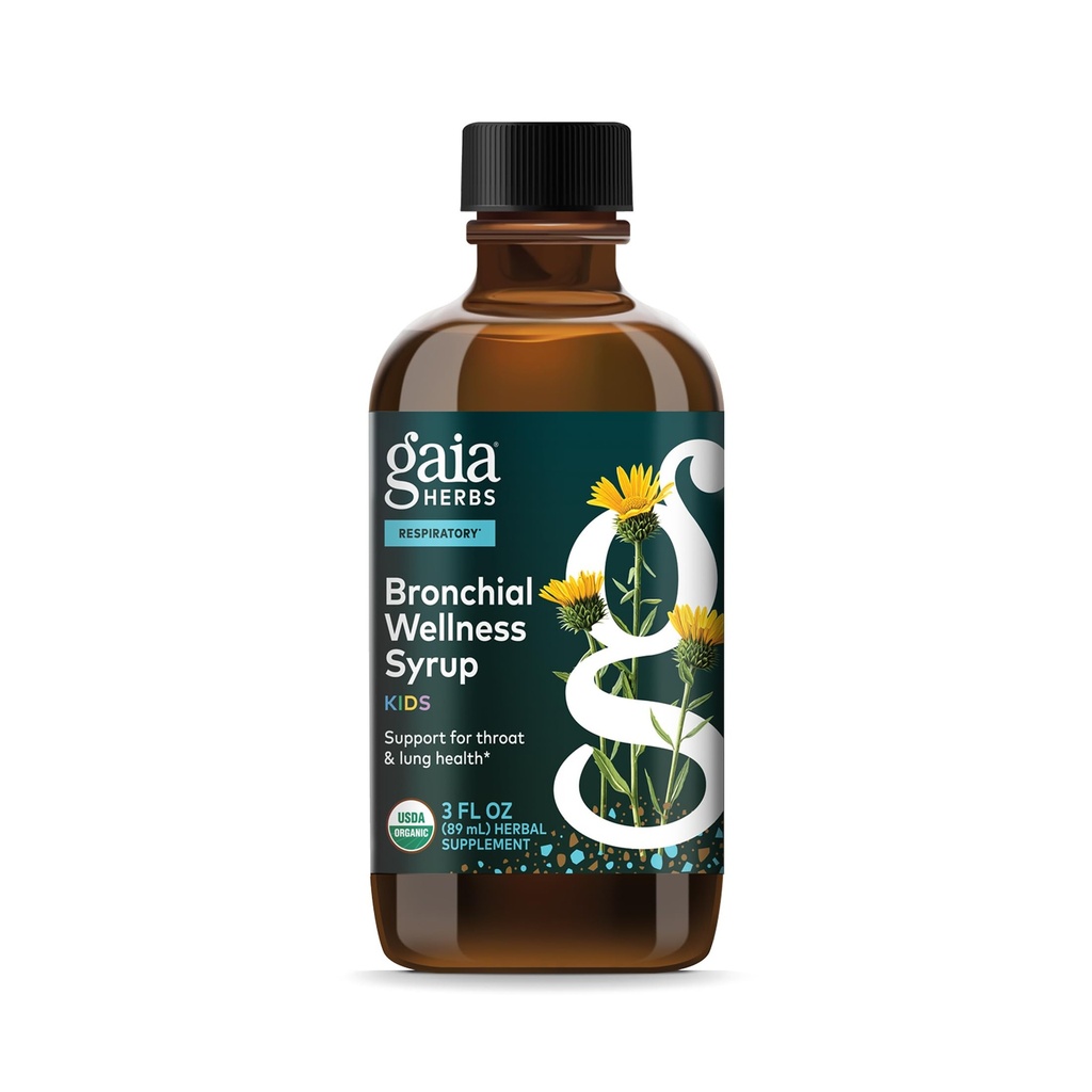 Gaia Herbs Bronchial Wellness Syrup Kids - 면역 지원 보충 - Throat & Lung Health Support* - 영어 금지, Grindelia & Honey - 3 Fl Oz (18 서빙)와 유기농 공식 인증
