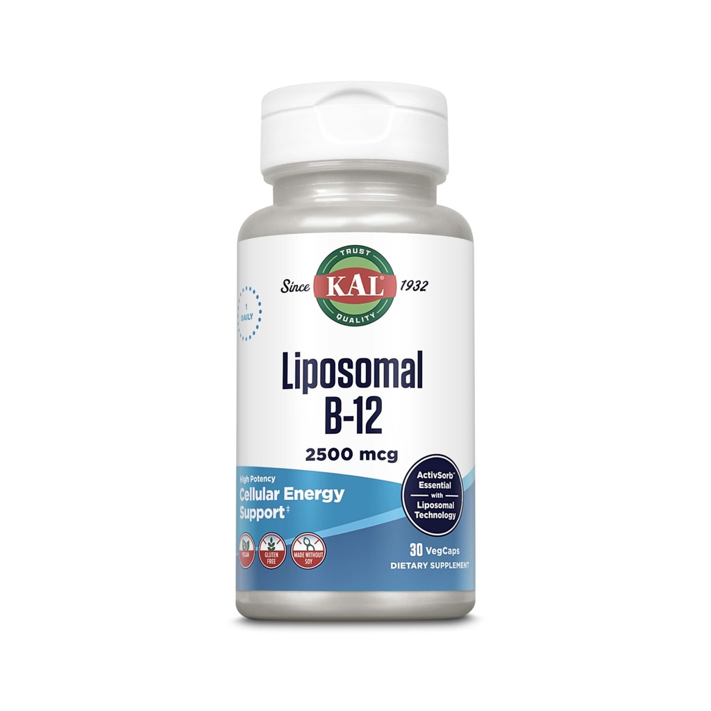 KAL Liposomal 비타민 B12 2500 mcg, 높은 흡수, Liposomal 기술, 세포질 에너지 지원, Vegan 캡슐, 글루텐 자유로운, Soy 없이 만드는, 30의 서빙