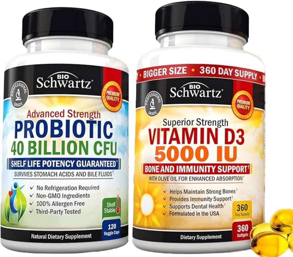 고강도 비타민 D3 5000 IU 125 mcg (1 년 공급) 플러스 40 억 CFU 매일 Probiotic 보충교재 (2 달 공급)