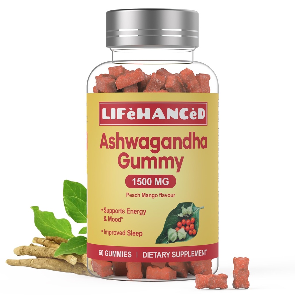 Ashwagandha Gummies, LAB 테스트, 60 조사, 1500mg, 3 % Withanolides, 복숭아 Mango Flavour, 전체 가족을위한 이상적인 보충.