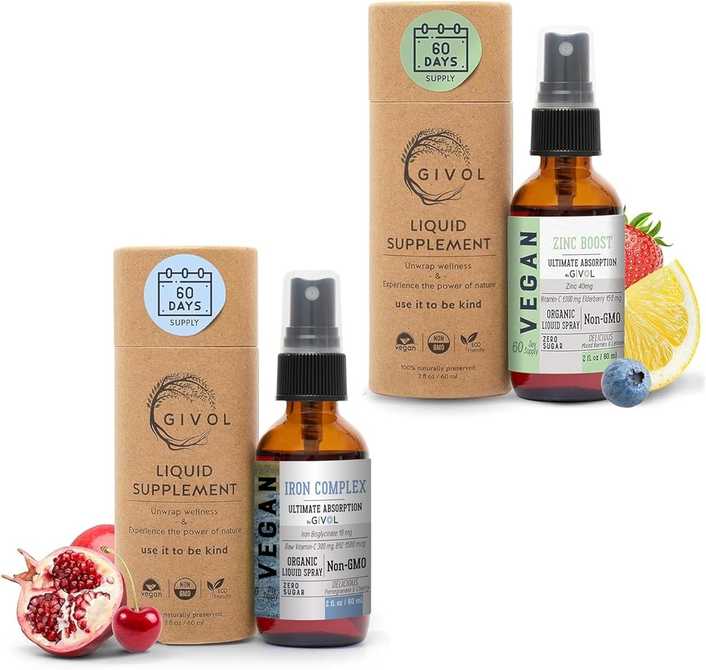 Iron Supplement - 18mg Bisglycinate Complex with Vitamin C & B12 for Energy & Immunity Boost and Organic ZINC Boost Mist 40mg (Extra Strength) - 설탕 VIT C 및 Elderberry 추출물
