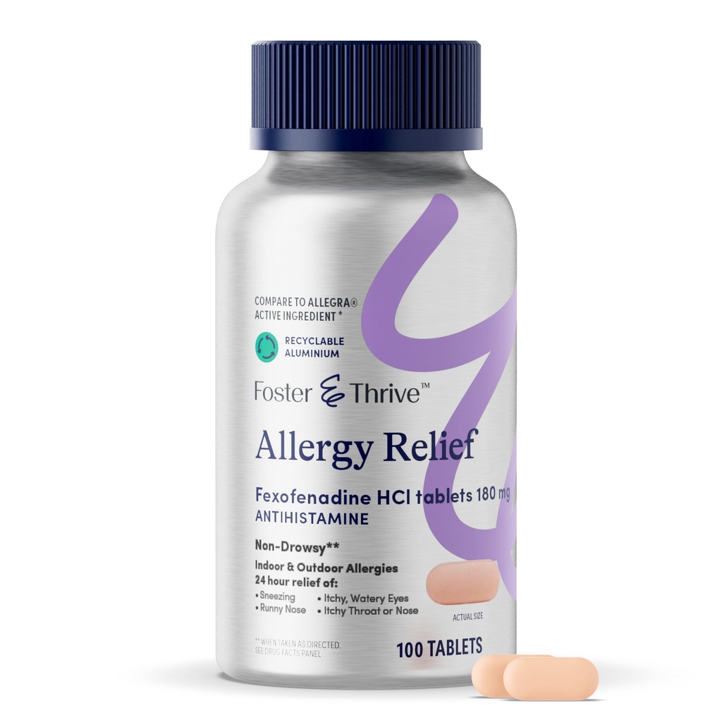 Foster & Thrive Fexofenadine HCl Hay Fever, Pollen, Itchy Eyes 및 Seasonal 알레르기, 어린이 및 성인을위한 효과적인 지원, 180 mg, 100 정제