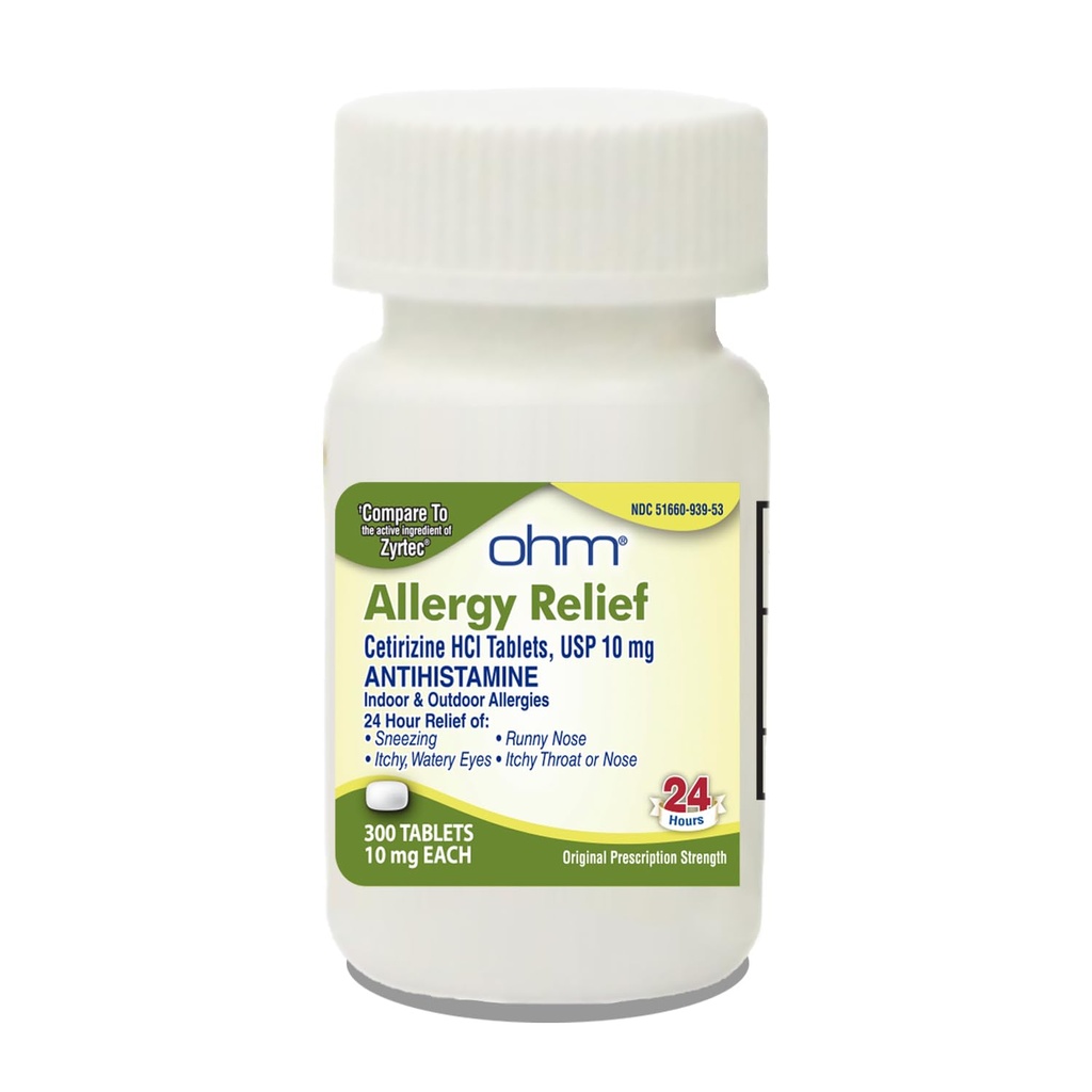Ohm 24Hour Antihistamine Cetirizine HCl 10 mg 정제, 300 조사 - Itchy Eyes, Runny Nose, Hay Fever, Pollen 및 실내 및 실외 알레르기를위한 모든 일 알레르기 완화