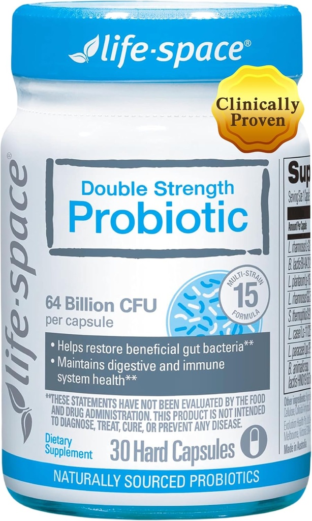 Life-Space Double Strength Broad Spectrum Probiotic, 64 Billion CFU & 15 Diverse Strains, Digestive Health & Immune Health, 여성 및 남성을위한 Probiotics Redouble 공식화 - 30 Veg Capsules