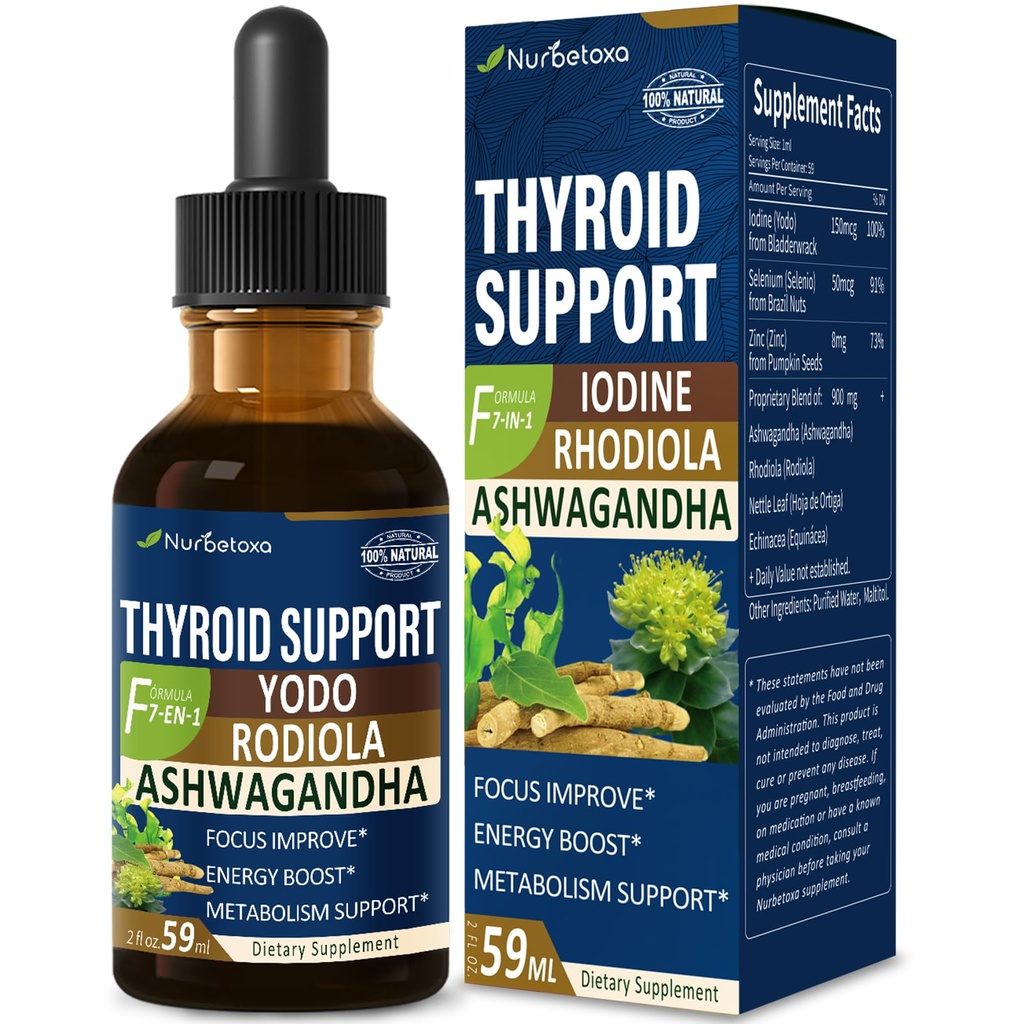 Thyroid 지원 드롭 - 액체 요오드 보충교재, 고아스 de YODO y Selenio para Tiroides, Con Rodiola Semenovii y Ortiga, Fight Brain Fog w/Ashwagandha & Rhodiola 추출물 Tincture.2 oz