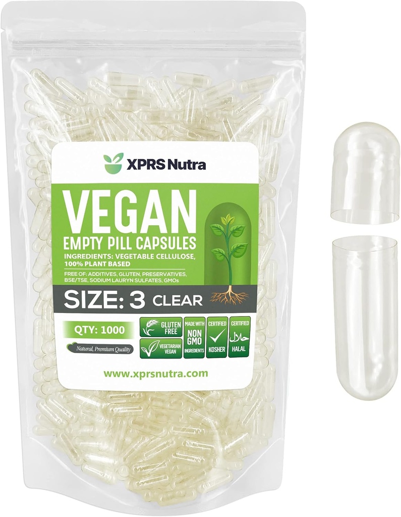 XPRS Nutra 크기 3 빈 캡슐 - 1000 카운트 명확한 빈 채식 캡슐 - 채식 알약 - DIY 야채 캡슐 충전 - Veggie Pill Caps