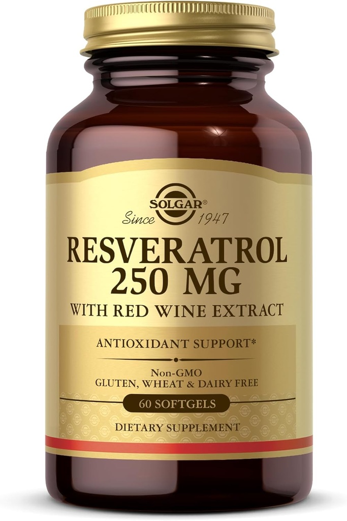 Solgar Resveratrol 250 mg 레드 와인 추출 - 60 Softgels - 산화 방지제 지원 - 비 GMO, 글루텐 무료, 낙농장 무료 - 60 서빙