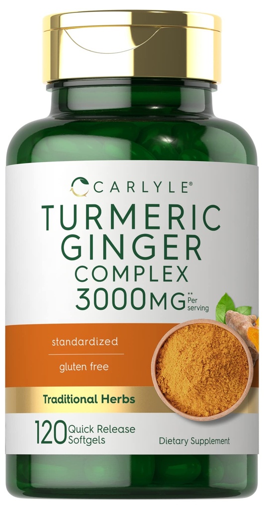 Carlyle Turmeric and Ginger Supplement 3000 mg | 120 Softgel 캡슐 | Turmeric Curcumin Complex | 흑퍼 추출물 | Non-GMO, 글루텐 프리
