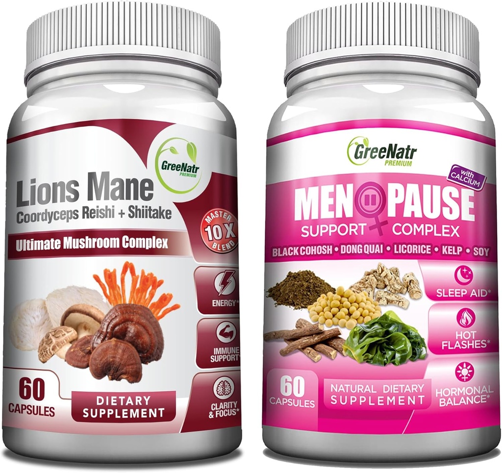 GreeNatr Energy Boost Plus Menopause 지원 번들 : 우리의 버섯 보충은 자연적인 에너지 부스트를 제공하고, 지속적인 활력을 촉진 + 뜨거운 플래시, 밤 땀에 대한 초본 정신 복합체