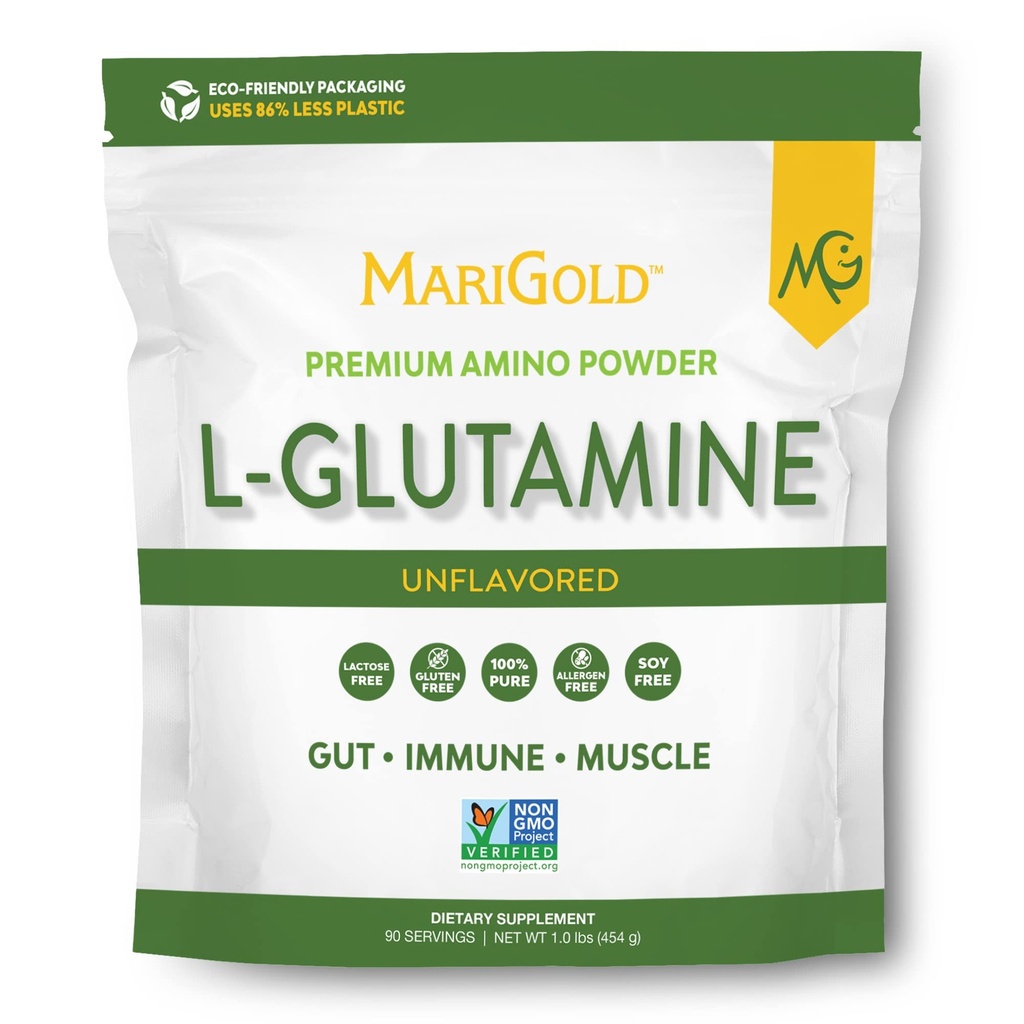 MariGold 순수한 Unflavored L 글루타민 분말 - 건강한 Gut, Immune 및 근육 지원, 비 GMO, 글루텐 자유로운, Soy & Allergen는 봉사 당 (5g/5000mg) 해방합니다