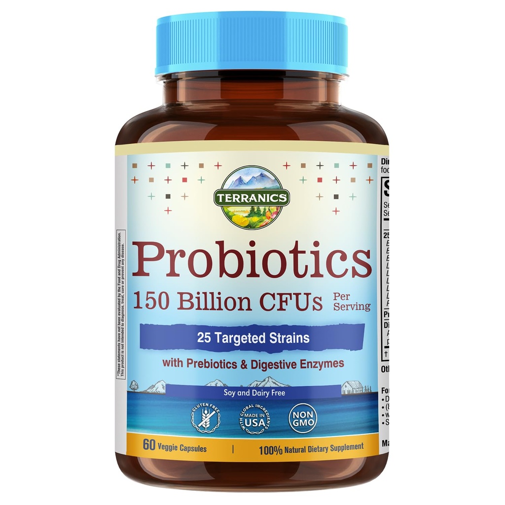 남성 및 여성을위한 Terranics Daily Probiotics, Prebiotics & Enzymes, 건강한 정기적 인, 지연 된 릴리스, 선반 안정, 60 Veggie Caps와 함께 150 억 25 균장 콜드 프로바이오틱스,
