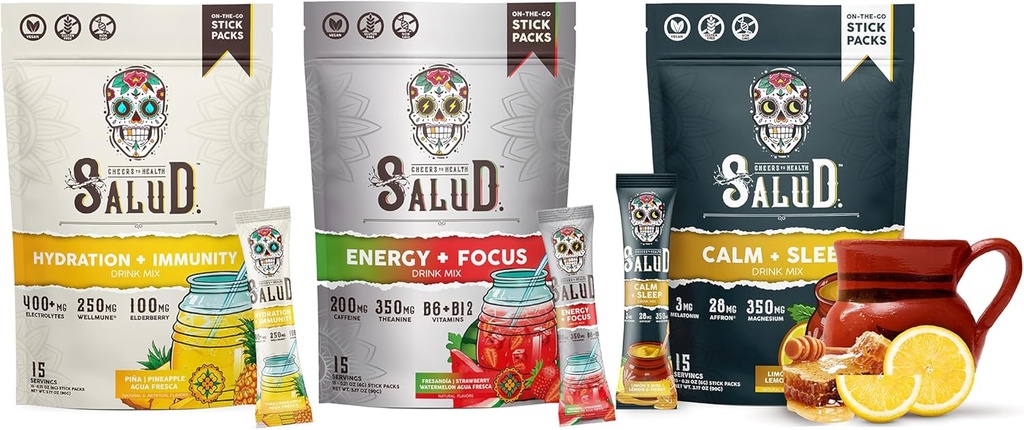 Salud Variety 3-Pack | 2-in-1 Hydration + Immunity (Pineapple), Energy + Focus (Strawberry Watermelon) & Calm + Sleep (Lemon Honey) - 15 서빙 각각, Non-GMO, 글루텐 프리, 저 칼로리, 설탕 1g