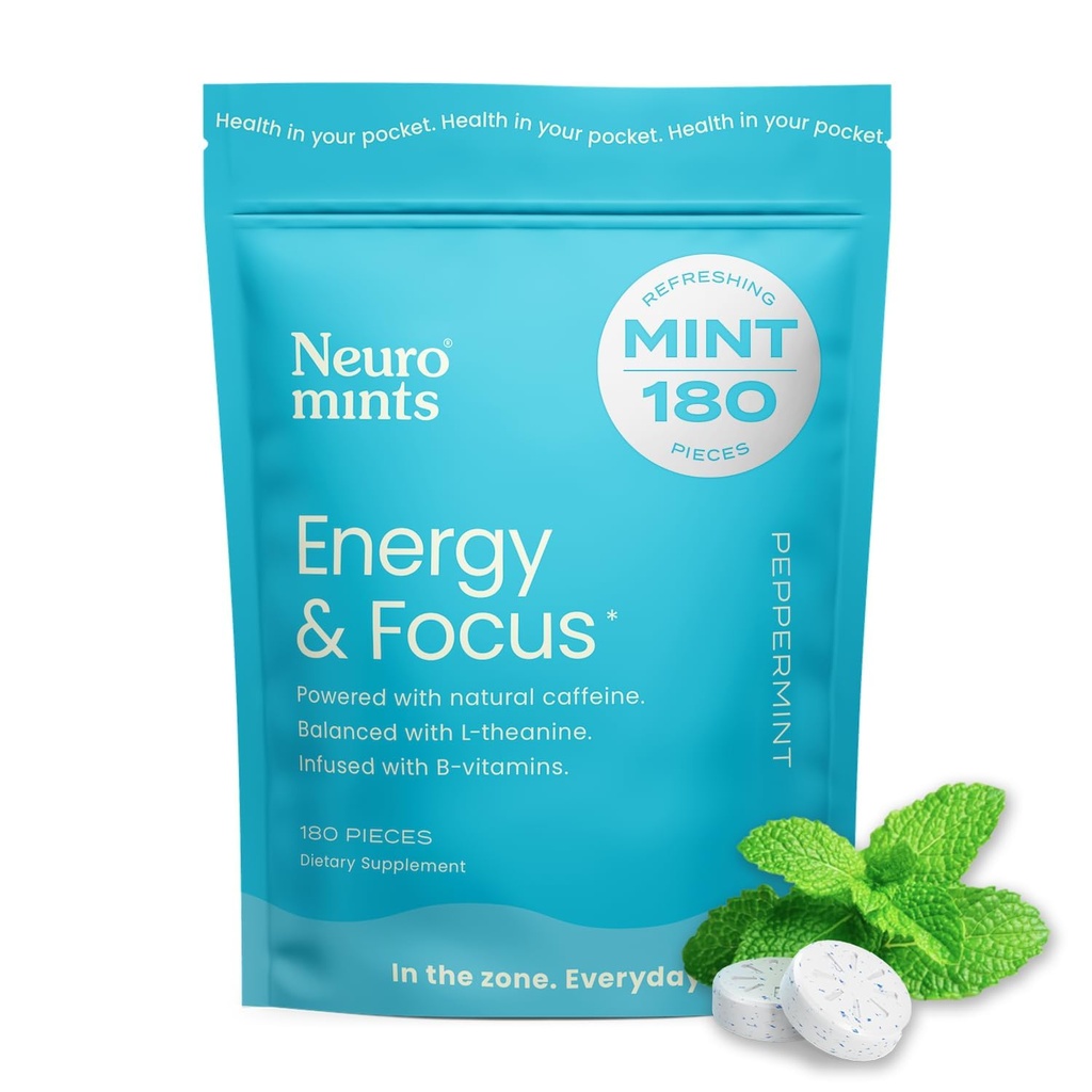 NeuroGum Energy Caffeine Mints (180 조각) - L-theanine + Natural Caffeine + Vitamin B12 & B6 - Nootropic Energy & Focus Supplement for Women & Men - Keto & Vegan, Peppermint 풍미