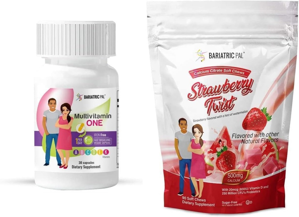 BariatricPal 듀오 덴 스위치 30 일 공급 비타민 팩 (Iron-Free 캡슐 칼슘 시트레이트 소프트 체스 Probiotics - Strawberry Twist)