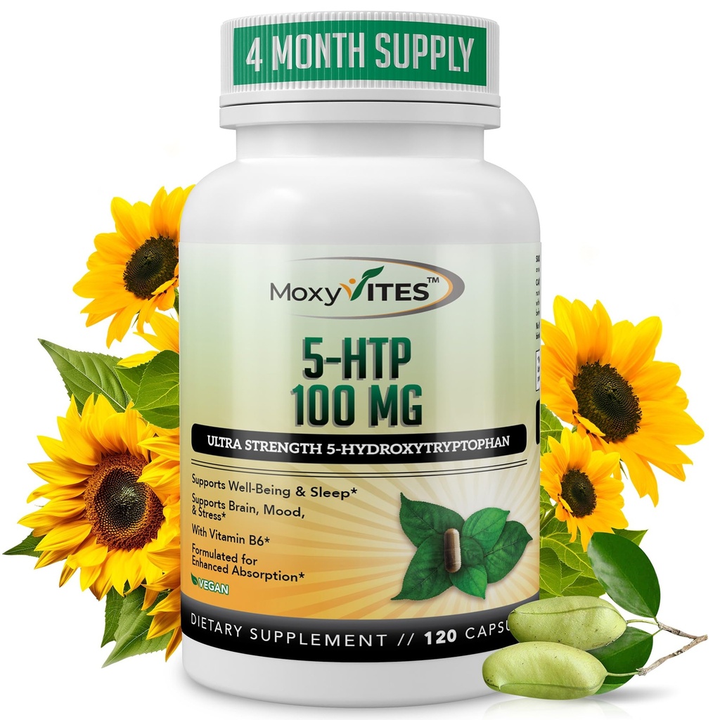 MoxyVites 5HTP 100mg 보충교재, 더하기 B6, 5 HTP 유기 전체적인 음식 - 제일 Serotonin 승압기 - 비 GMO, 120 Vegan 캡슐