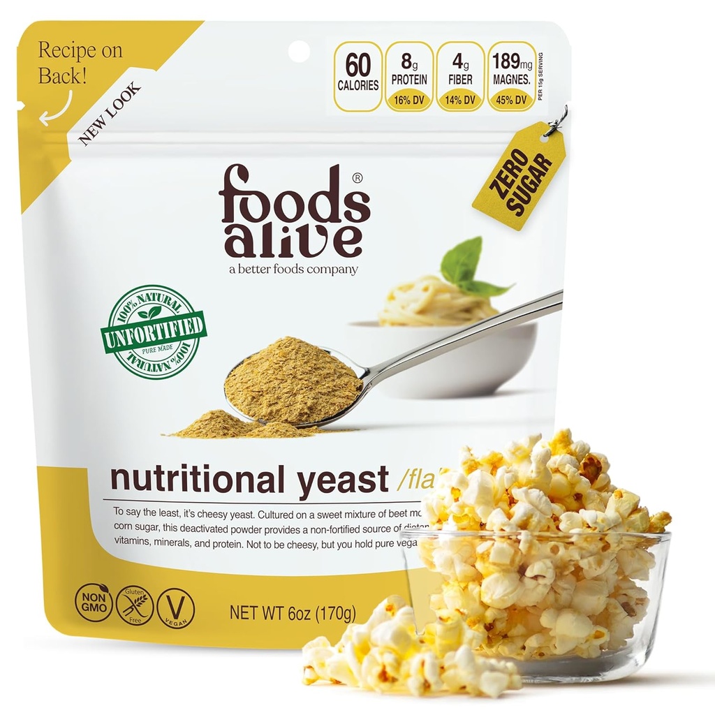Foods Alive Non-Fortified Premium Nutritional Yeast Flakes, 6 온스 Unfortified vegan 치즈 분말 조미료