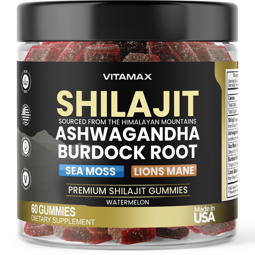 유기 Shilajit Gummies, 바다 Moss, Ashwagandha, 105 + Trace 무기물 - 유기 Burdock 뿌리 & 사자 Mane 버섯 - 수박 맛 - Vegan & Non-GMO - 미국에서 제조 - 60ct