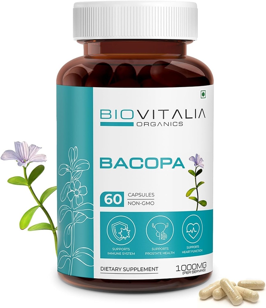 Biovitalia 자연적인 Bacopa 보충교재 캡슐은 뇌 기능 1000mg - 60의 캡슐을 지원합니다