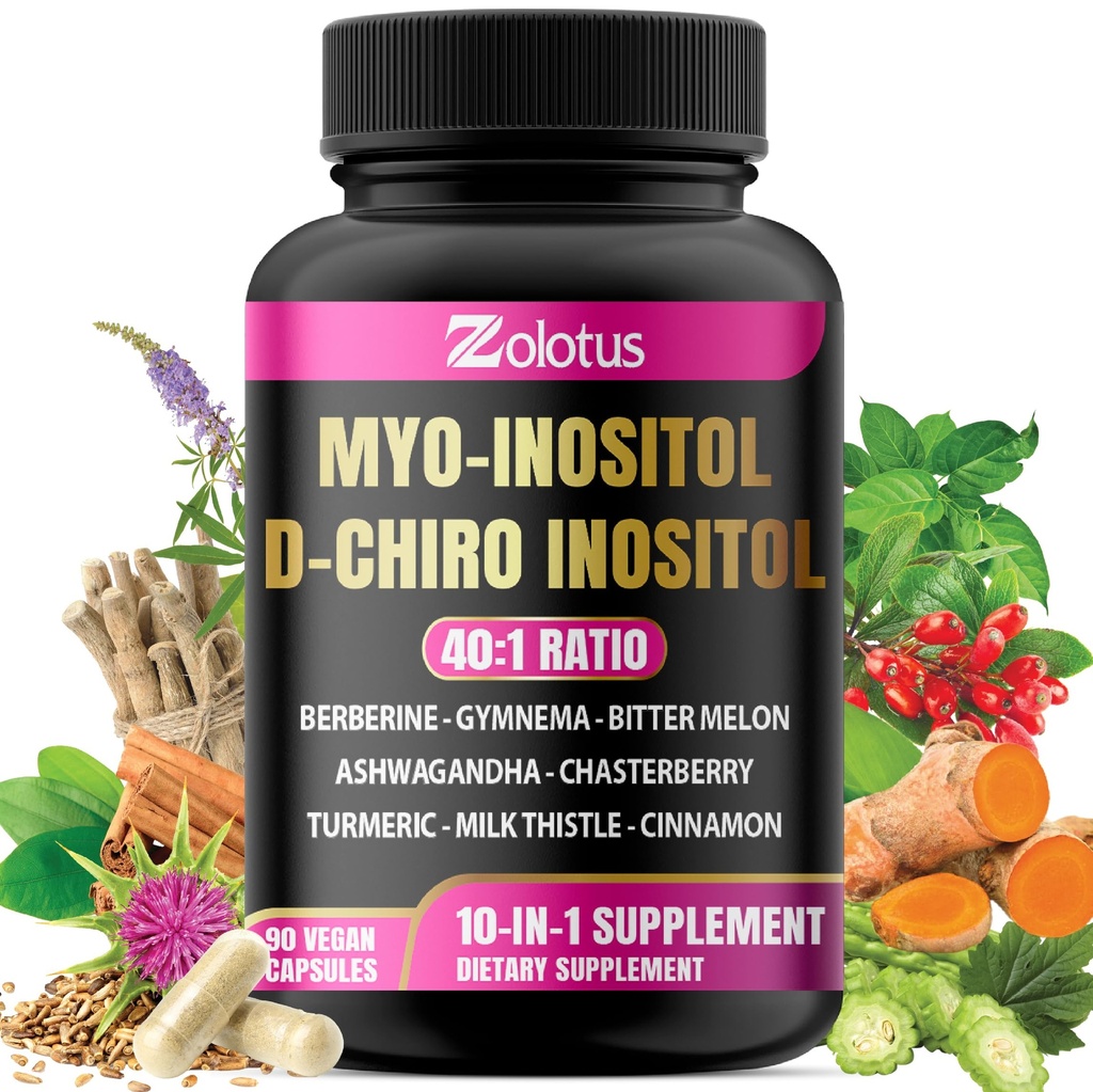 Zolotus Myo-Inositol & D-Chiro Inositol 이상적인 비율 인산 염, 우유 이틀, 심황, 체육관, Chasteberry, Ceylon Cinnamon, Ashwagandha, Berberine - 90 캡슐