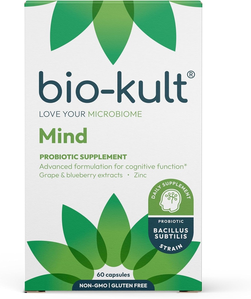 Bio-Kult Mind | Bacillus + Zinc, Grape & Blueberry Extract | 뇌 및 구트 지원 | 진단 기능 | 60 캡슐
