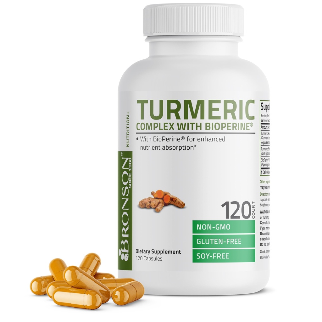 BioPerine과 Bronson Turmeric Curcumin - 95 % 표준 Curcuminoids - Black Pepper가있는 비 GMO 캡슐 - 120 카운트
