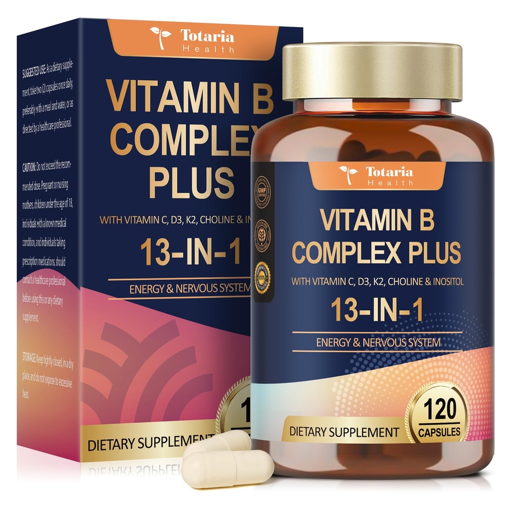 비타민 B1, B2, B3 (Niacinamide), B4, B5, B6, B7 (Biotin), B8 (Inositol), B9 (Folate), B12, C, D3, K2 - 에너지, Nerve, Immune, 피부 지원 - 120 Vegan 캡슐 플러스 13에서 1 비타민 B 복합체