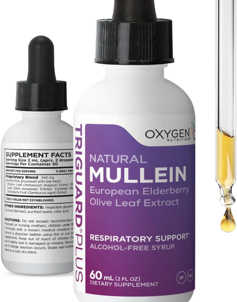 TriGuard MULLEIN Plus - Mullein Leaf Extract, Elderberry Extract & Olive Leaf Extract 2 fl oz | 건강한 호흡 기능 및 면역 체계 지원 | 알코올 무료, 비 GMO, 맛 미국