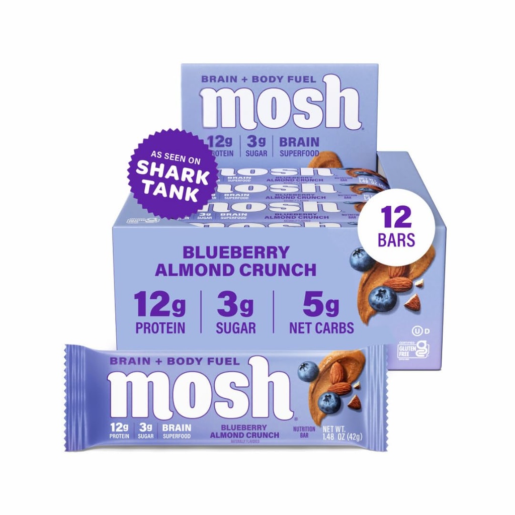 MOSH Blueberry Almond Crunch Keto Protein Bar, 높은 섬유, 낮은 캐비티, 글루텐 무료, 고단백, 두뇌 건강한 식사, 12 조사