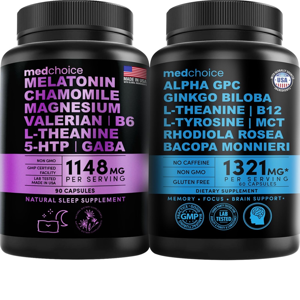 MEDCHOICE Sleep Melatonin (90ct) 및 Nootropic Brain (60ct) 보충 번들 - 수면, 두뇌, 초점, & 무드 지원을위한 웰빙 듀오 - Vegan, Non-GMO, 글루텐 프리