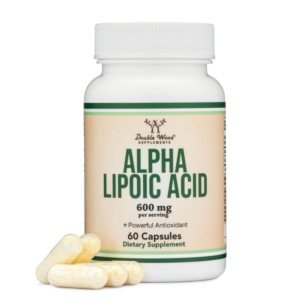 서빙 당 알파 Lipoic 산 600mg, 60 캡슐 (Third Party Tested, Non-GMO, Gluten Free, Vegan Safe) 신경병 및 심장 혈관 건강 (ALA 보충) 더블 우드