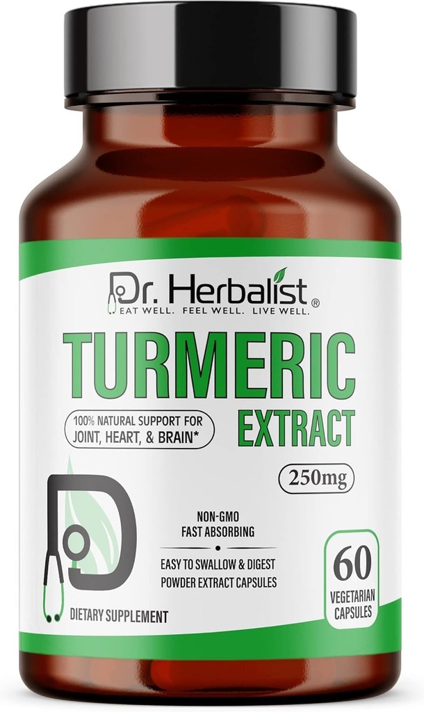 HERBALIST Turmeric Curcumin Extract 250mg – 60 Vegan Capsules | 10:1 Extract = 2,500mg Raw Turmeric | Bioavailable Curcuminoids에 표준화 | 천연 플랜트 기반 지원