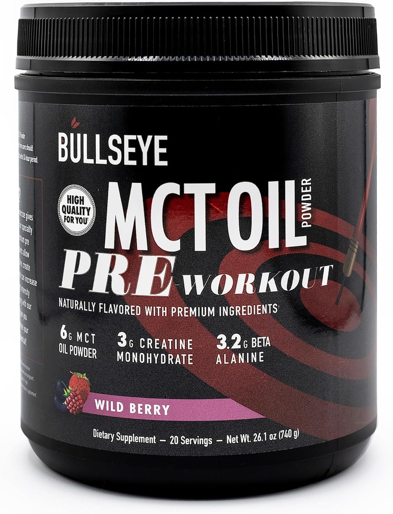 Bullseye MCT 기름 전 운동 보충교재 - 크레아틴 Monohydrate, 중간 사슬 Triglycerides, beta Alanine, 카페인, L-Citrulline, 근육 게인, 초점, 내구시간, 에너지 -20 서빙 - 야생 Berry