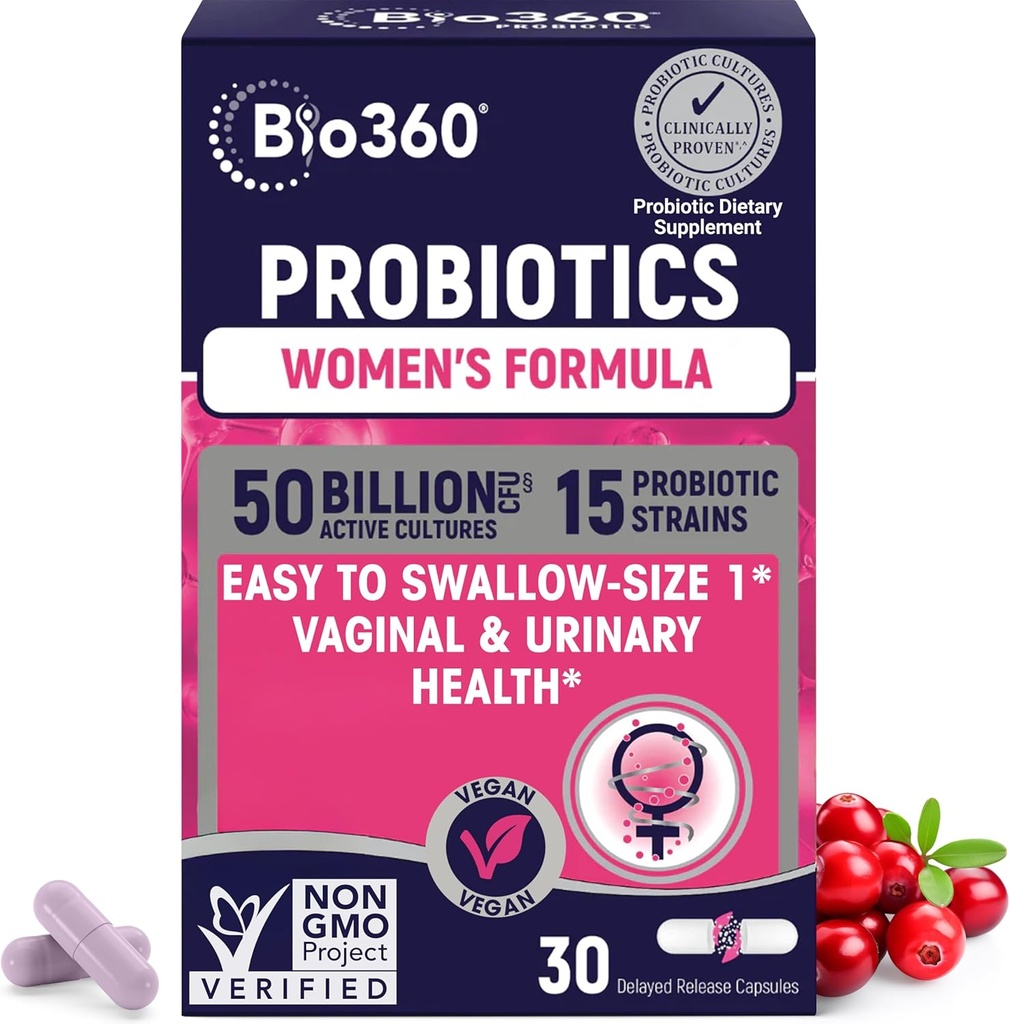 여성 질 건강을위한 Bio360 Probiotics - pH 밸런스, 질, Urinary, & 소화 건강 지원 - 50 억 CFU & 15 건강한 질 냄새 및 질 Flora를위한 독특한 균류 - 선반 안정